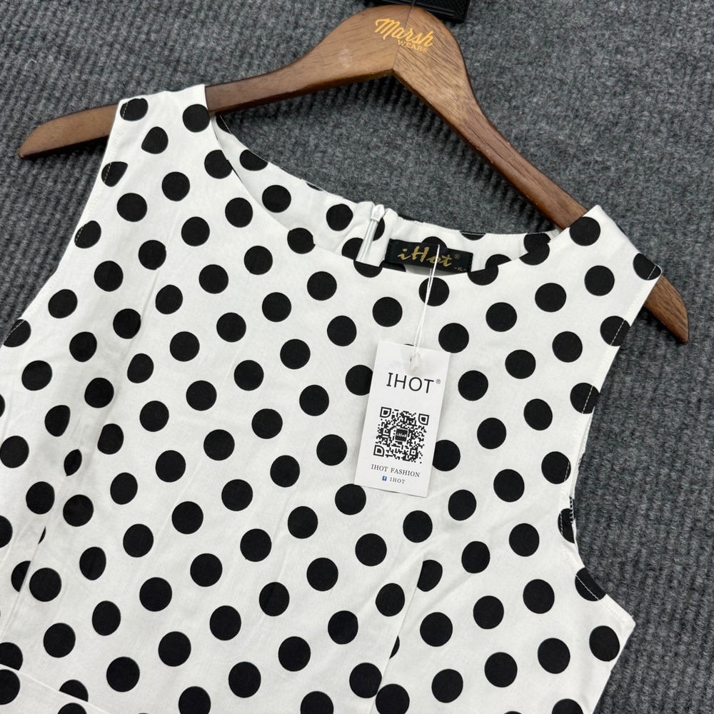 IHOT Polka Dot Dress Womens XL White Black New Sleeveless Retro A-Line Flare